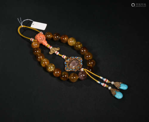 A Chinese Yellow Jade Beads Hand String