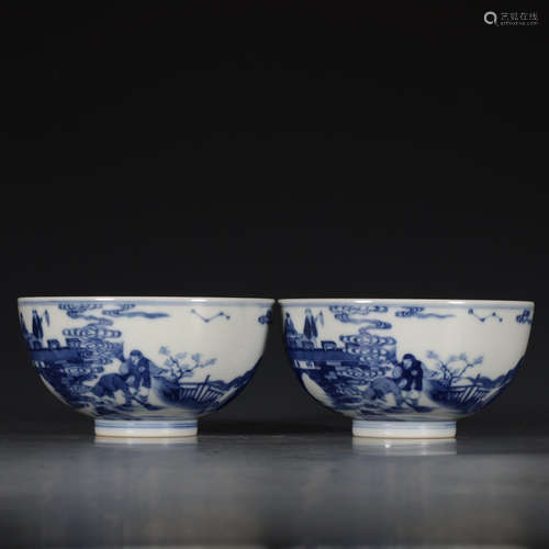 A Pair of Chinese Blue and White Figure Painted Porcelain Cups