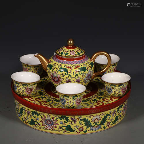 A Set of Chinese Yellow Famille Rose Floral Porcelain Teapot&cups