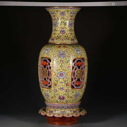 A Chinese Yellow Famille Rose Floral Piercing Porcelain Revolving Vase