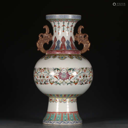 A Chinese Famille Rose Floral Porcelain Double Ears Vase