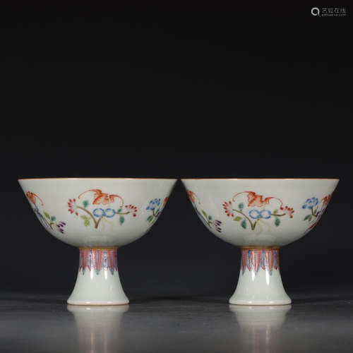 A Pair of Chinese Famille Rose Floral Porcelain Standing Cups