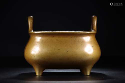 A Chinese Double Ears Copper Suqare Incense Burner