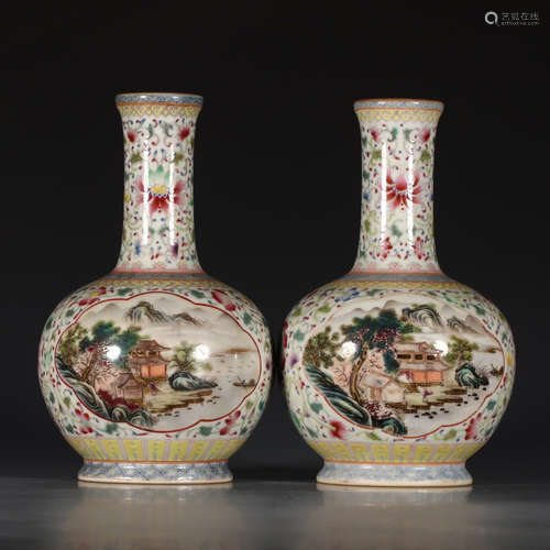 A Pair of Chinese Famille Rose Landscape Porcelain Vase