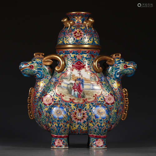 A Chinese Enamel Gild Figure Painted Porcelain Incense Burner