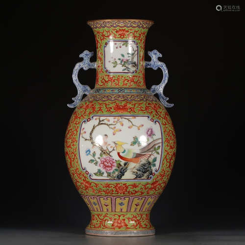 A Chinese Famille Rose Porcelain Double Ears Vase