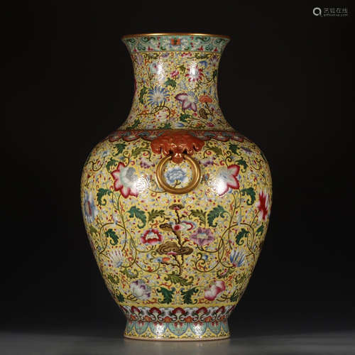 A Chinese Yellow Famille Rose Floral Porcelain Zun