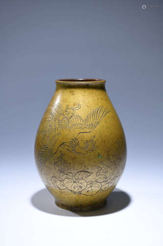 A Chinese Phoenix Carved Copper Vase