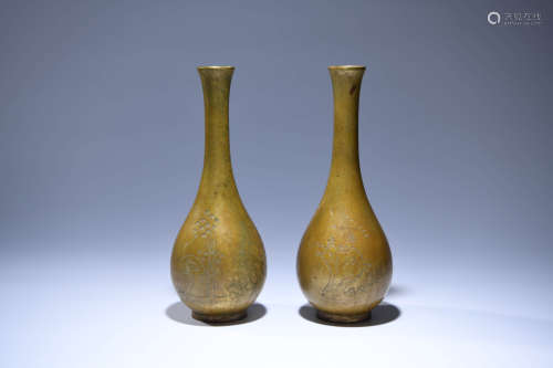 A Pair of Chinese Landscape Pattern Copper Vase