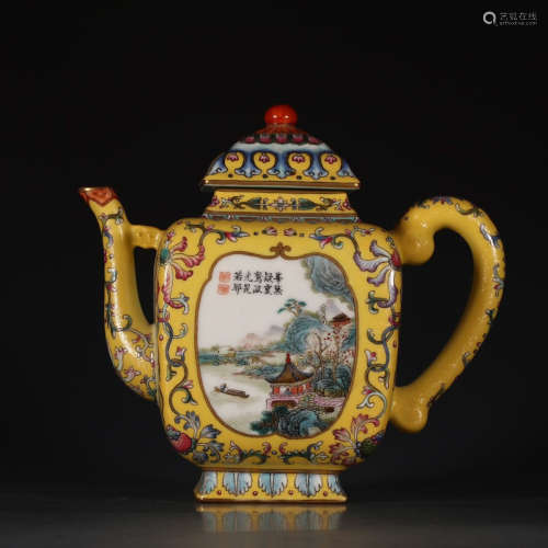 A Chinese Yellow Famille Rose Landscape Porcelain Pot