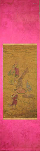 A Chinese Arhat Painting Silk Scroll, Ding Yunpeng Mark