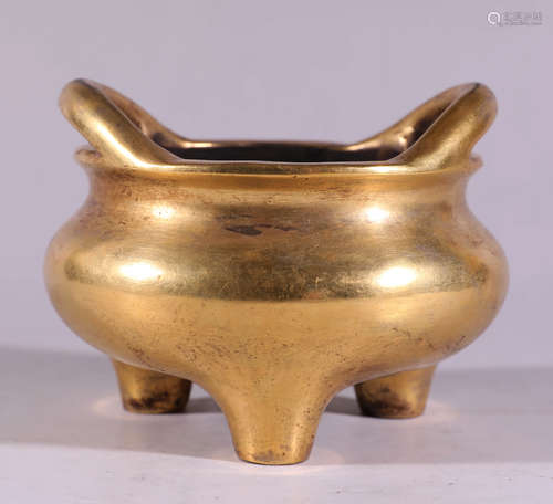 A Chinese Gild Copper Double Ears Incense Burner