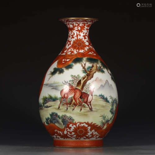 A Chinese Iron Red Deer Painted Porcelain Vase