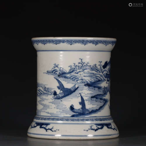 A Chinese Blue and White Landscape Porcelain Brush Pot