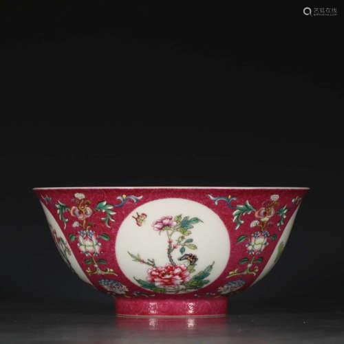 A Chinese Carmine Floral Blue and White Floral Porcelain Bowl