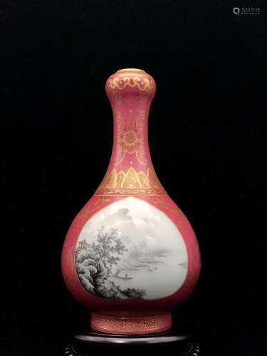 A Chinese carmine Floral Gild Landscape Porcelain Garlic Bottle