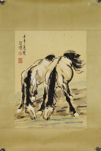 A Chinese Double Horse Painting, Xu Beihong Mark