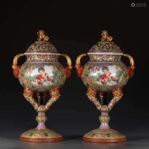 A Pair of Chinese Famille Rose Figure Painted Porcelain Censer