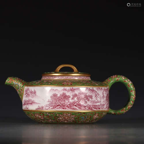 A Chinese Green Famille Rose Gild Landscape Porcelain Pot