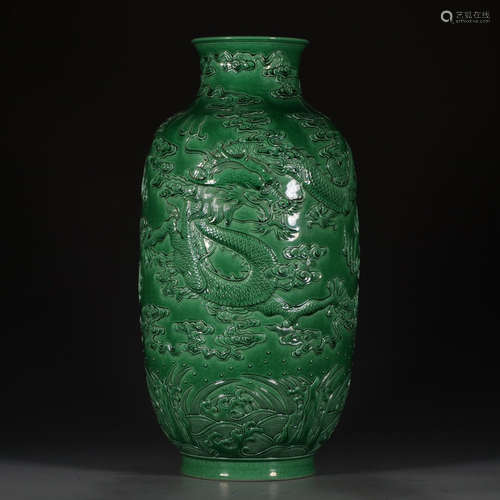 A Chinese Dragon Carved emerald green Porcelain Vase