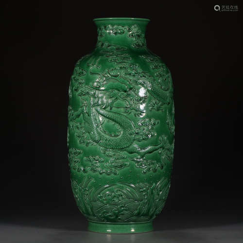 A Chinese Dragon Carved emerald green Porcelain Vase