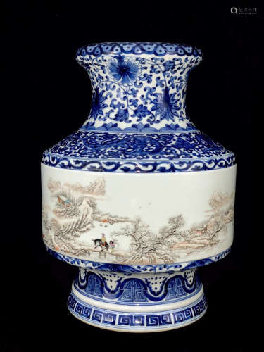 A Chinese Inscribed Blue and White Floral Porcelain Vase