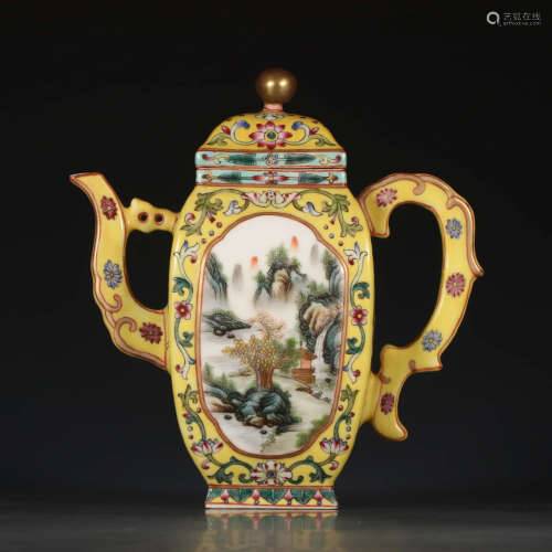 A Chinese Yellow Famille Rose Gild Landscape Porcelain Teapot