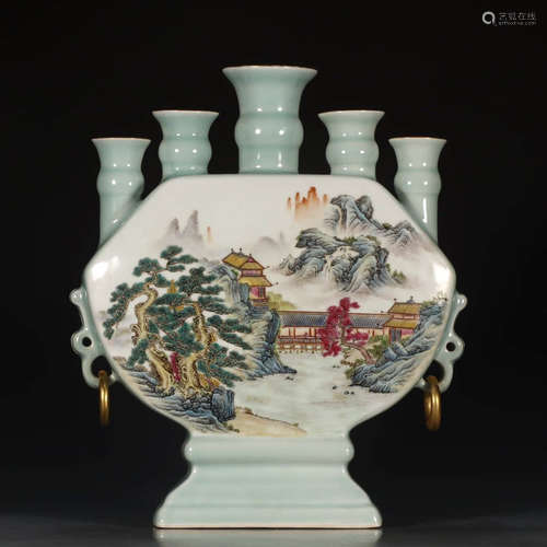 A Chinese Famille Rose Landscape Porcelain 5 Tubes Vase