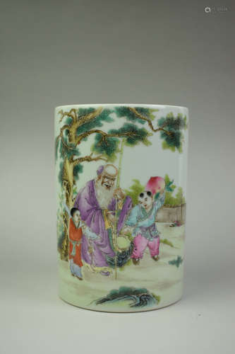 A Chinese Famille Rose Figure Painted Porcelain Brush Pot