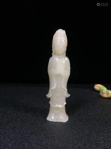 A Chinese Carved Hetian Jade Guanyin Ornament