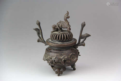 A Chinese Lion Handle Copper Incense Burner