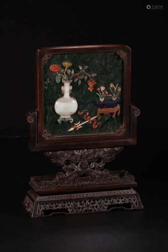 A Chinese Gem Inlaid Red Sandalwood Gild Landscape Table Screen