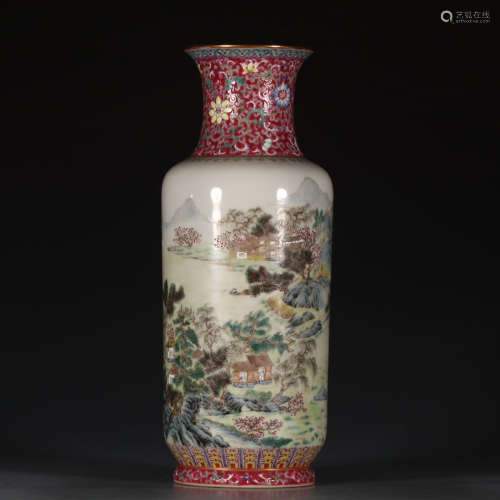 A Chinese Famille Rose carmine Gild Landscape Porcelain Vase