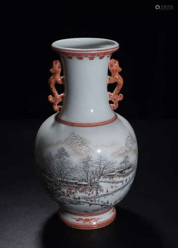 A Chinese snow-covered landscape Porcelain Dragon Ears Vase