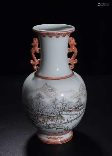 A Chinese snow-covered landscape Porcelain Dragon Ears Vase
