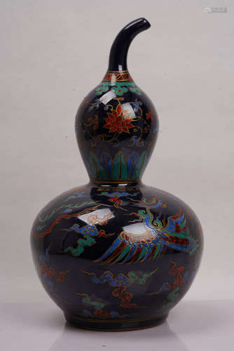 A Chinese Altar Blue Glazed Floral Porcelain Gourd-shaped Vase