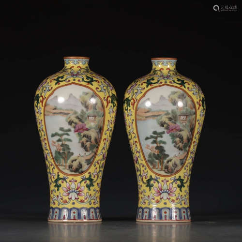 A Pair of Chinese Famille Rose Landscape Porcelain Vase