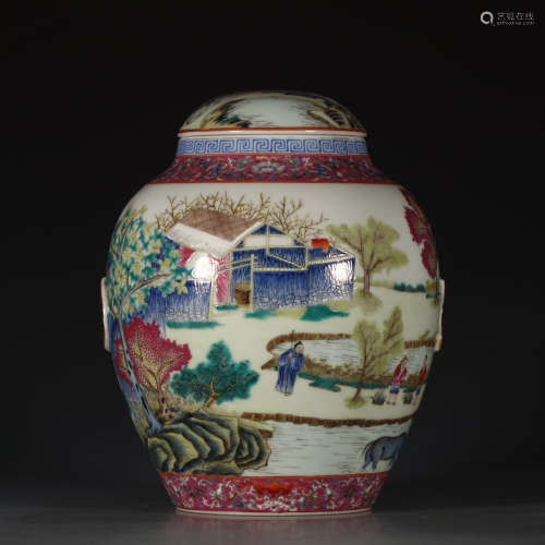 A Chinese Famille Rose Landscape Porcelain Jar with Coaver