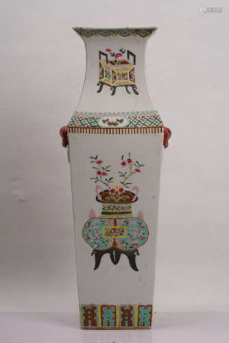 A Chinese Floral Double Ears Porcelain Square Vase