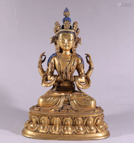 A Chinese Gild Copper Statue of 4 Arms Guanyin