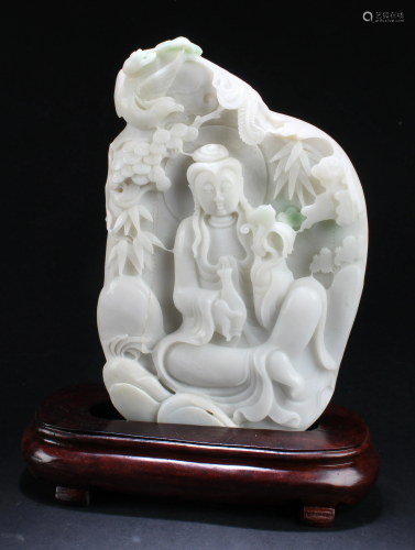 A Carved Jade Guanyin Statue With Stand