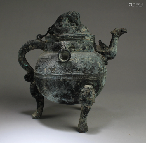 Chinese Bronze Tripod Censer with Lid