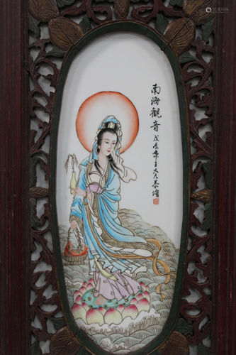 A Pair of Chinese Hardwood Framed Porcelai…