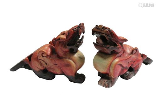 A Pair of Chinese Jadestone Qilin Statue