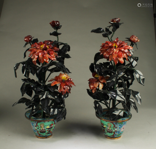 A Pair of Cloisonne Flower Pots with Agate/Ja…