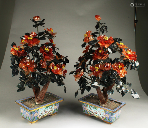 A Pair of Cloisonne Flower Pots with Agate/Ja…