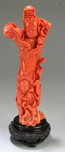 Chinese Coral Carved Bodhisattva Statue