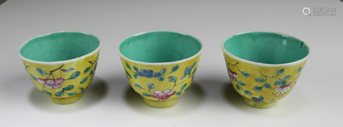 Three Famille Jaune Porcelain Cups