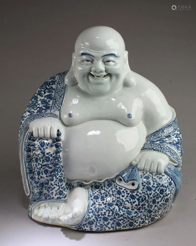 Chinese Blue & White Smiling Buddha Statue