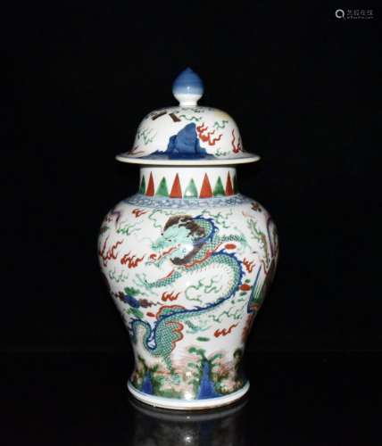 清代五彩龙凤纹将军罐 A Chinese Multi Colored Dragon& phoenix painted Porcelain Jar